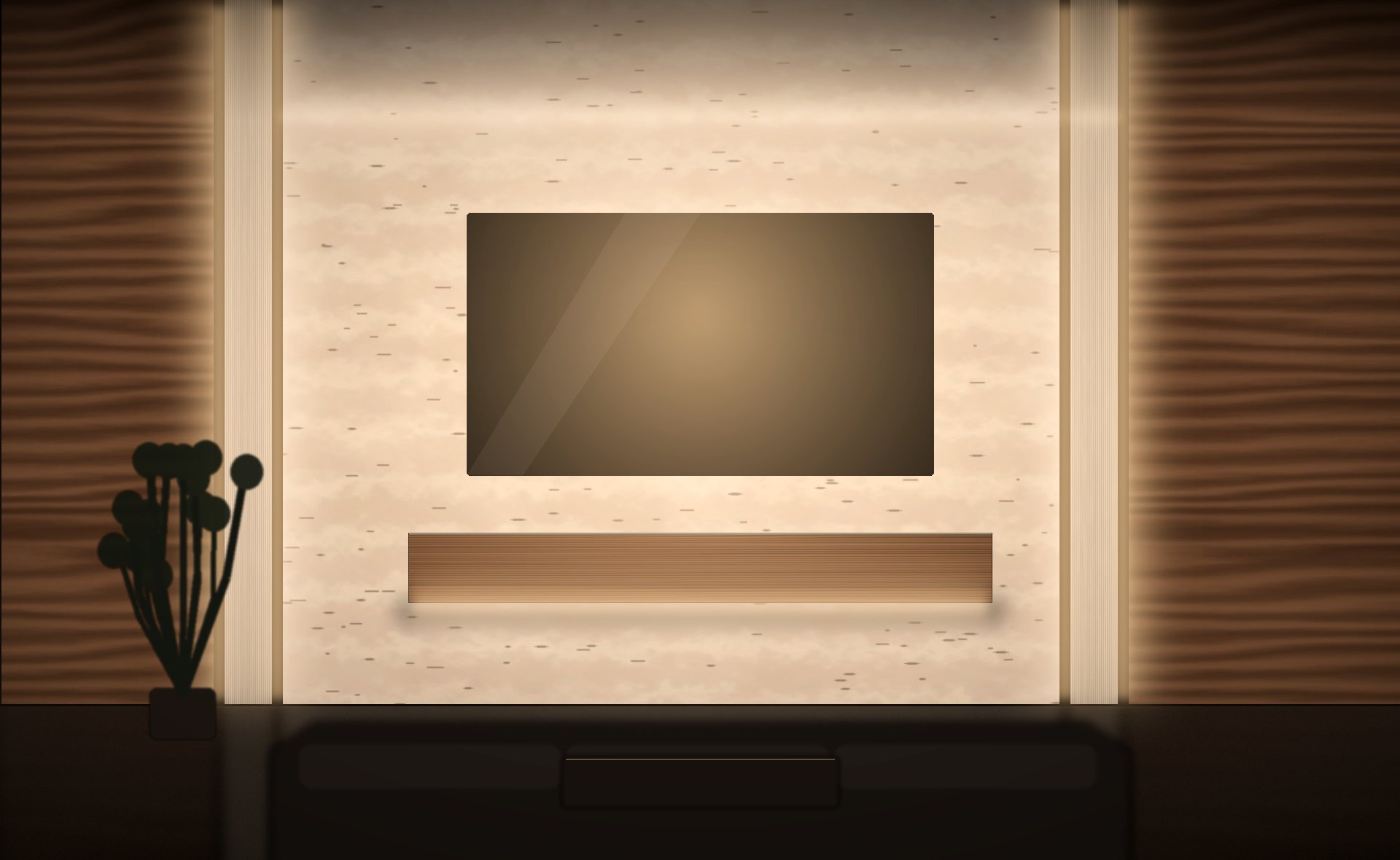 Salon résidentiel : mur TV signature Noveom en travertin et noyer rainuré, LED indirectes, socle flottant